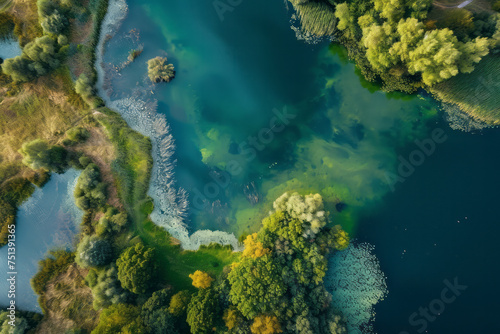 A body of water surrounded by dense trees as seen from above  showcasing the natural landscape