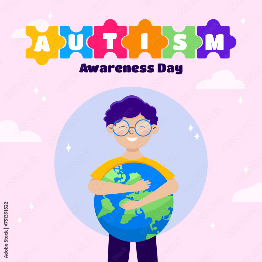 Flat background with a boy hugging the planet. World Autism Awareness Day. Flat background with a boy hugging the planet. World Autism Awareness Day.