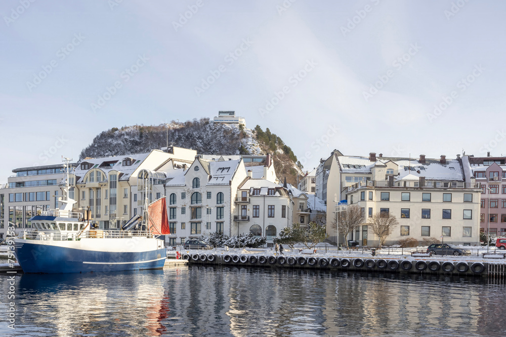 The Jugend city Aalesund (Ålesund) harbor on a beautiful cold winter's day. Møre and Romsdal county	