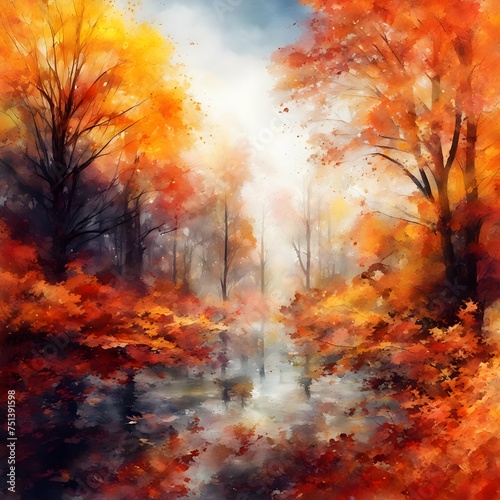 Watercolor painting of Beautiful surreal alternate color fantasy Autumn Fall forest landscape conceptual image. Generative AI