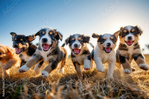 Mischievous, playful puppies run in motion in nature. Close-up. A pack of funny pets.
