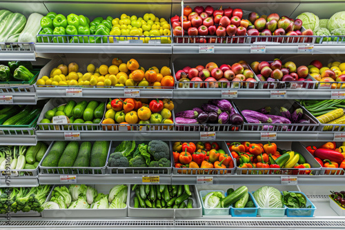 Vibrant fruits and vegetables neatly displayed in the refrigerated shelf of a supermarket