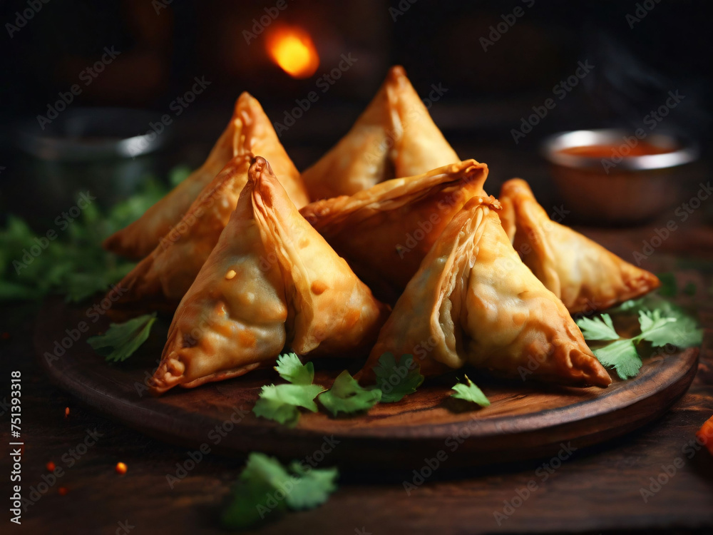 Homemade samosas on a plate highly detailed. Homemade samosas on a plate highly detailed.