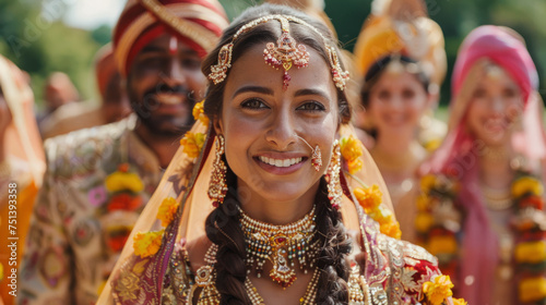 A beaming bride in traditional Indian attire with intricate jewelry, surrounded by guests in colorful clothing at a vibrant outdoor wedding ceremony.