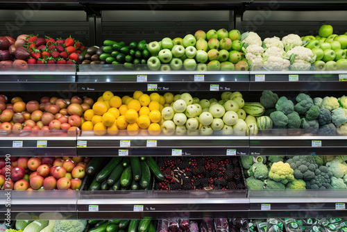 Vibrant fruits and vegetables neatly displayed in the refrigerated shelf of a supermarket © Venka