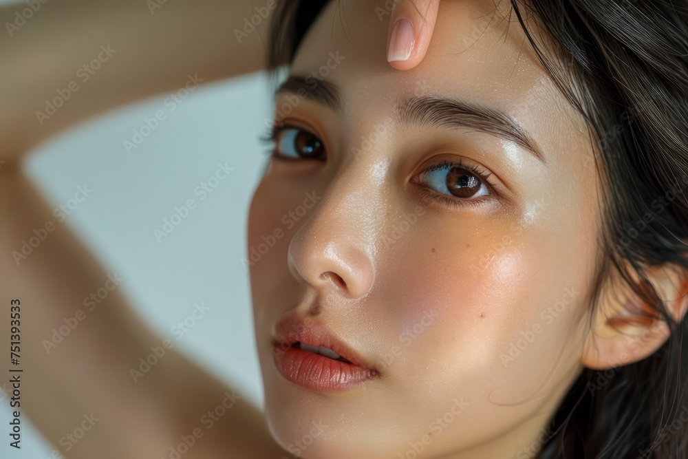 Close-Up Portrait of Young Woman with Natural Makeup and Beautiful Skin Posing Delicately Indoor
