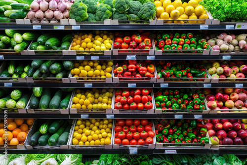 Vibrant fruits and vegetables neatly displayed in the refrigerated shelf of a supermarket