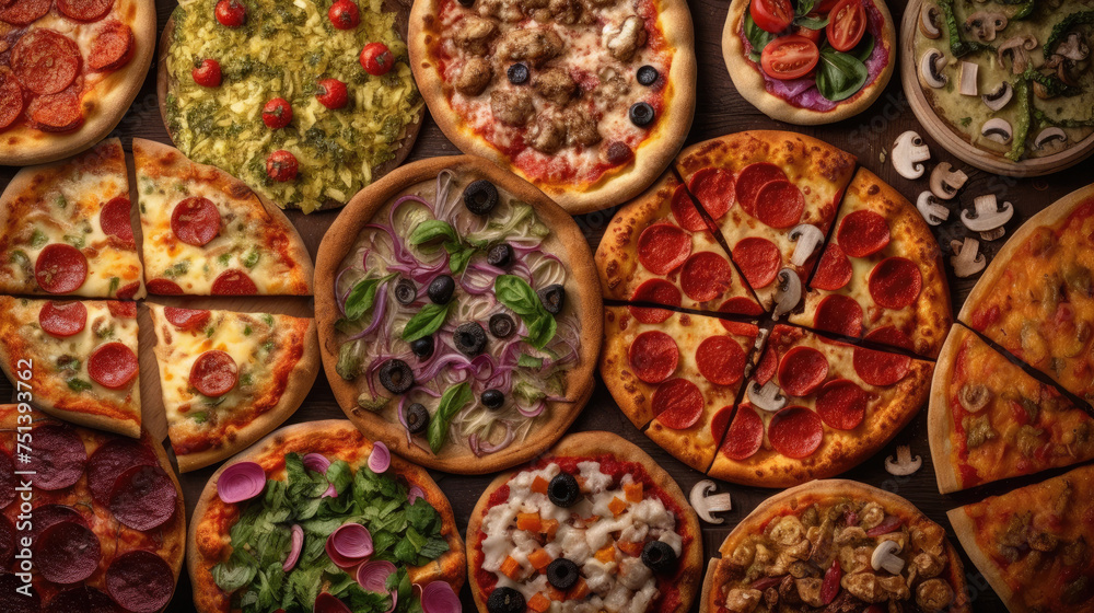 Delicious assortment of freshly baked pizzas filling the whole frame Delicious assortment of freshly baked pizzas filling the whole frame