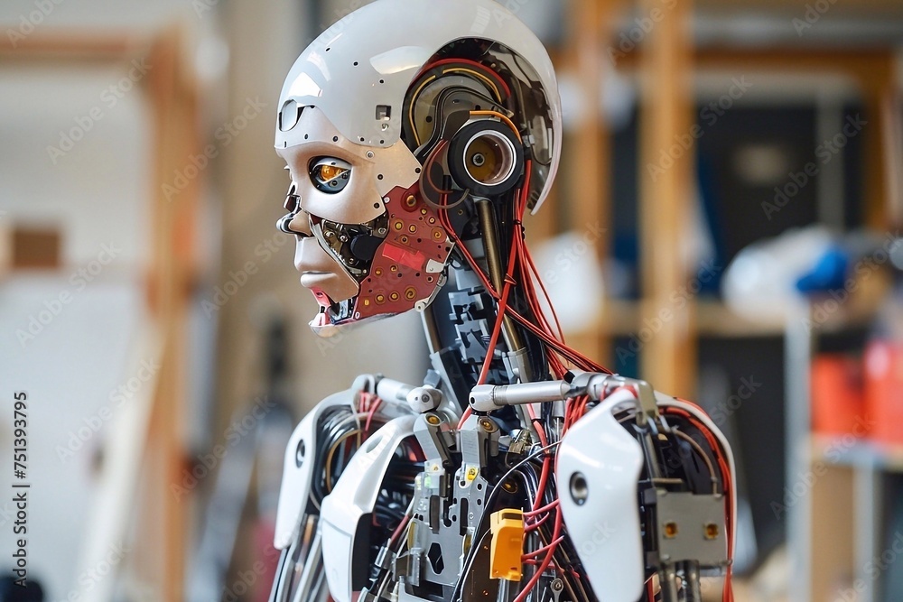 Fototapeta premium Artificial intelligence robot working in the factory. Concept of artificial intelligence.