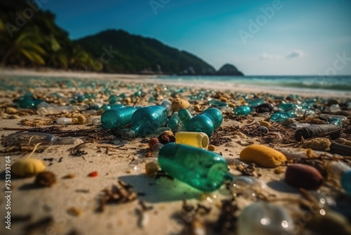 Polluted ocean shoreline covered in plastic bottles and waste debris