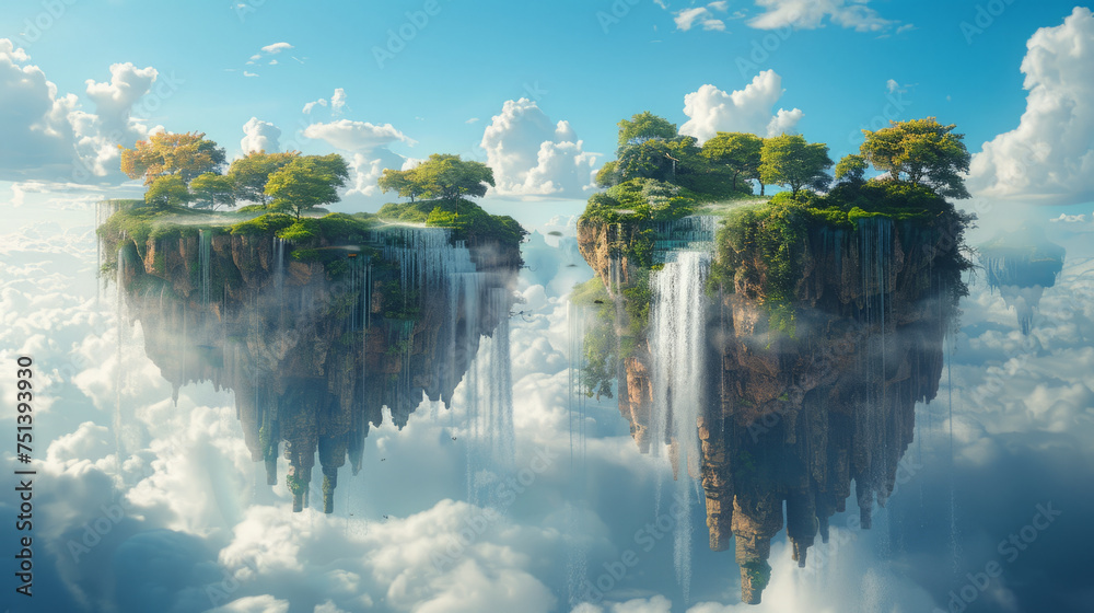 A surreal landscape featuring a floating island with lush greenery and waterfalls cascading down its sides amidst a sky filled with fluffy clouds and soft sunlight. - obrazy, fototapety, plakaty 