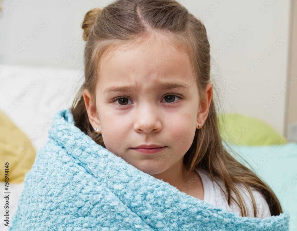 A young girl is wrapped in a blue blanket and looking sad A young girl is wrapped in a blue blanket and looking sad