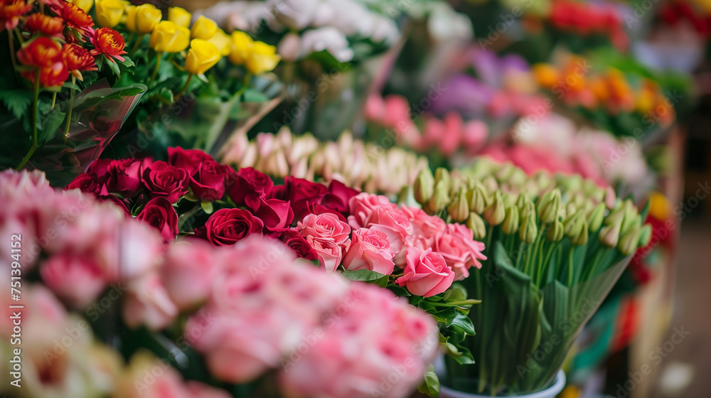 bouquets of roses and tulips at a florist's stand or shop bouquets of roses and tulips at a florist's stand or shop