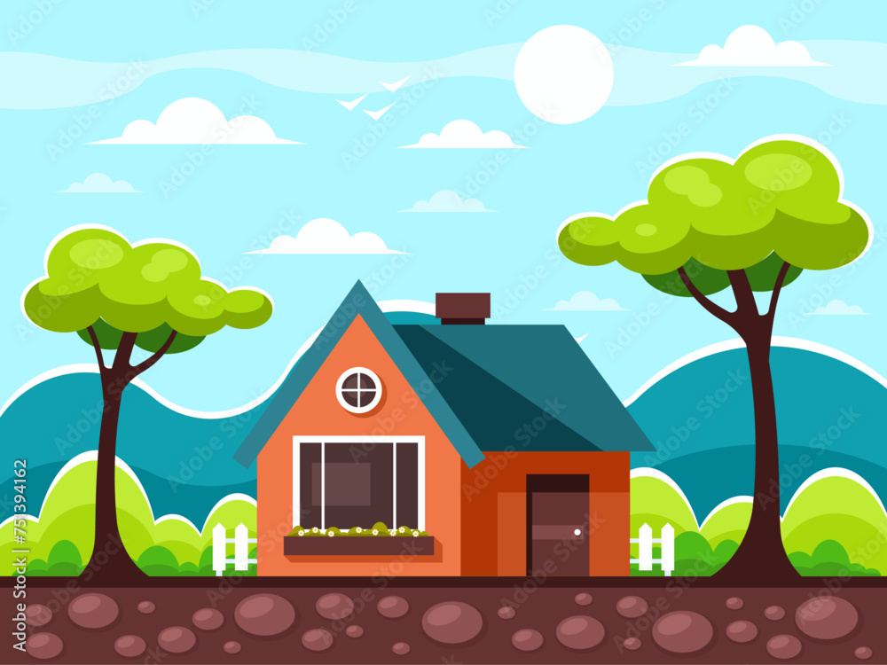Fototapeta premium house in the foresСountryside cozy cottage with a white fence. Nature landscape, background with grass, forest, mountains and sky for game developing. Vector graphicst