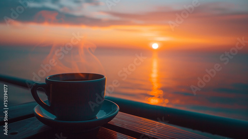 A cup of cappuccino on a sea beach coffee house bistro table in the sunset