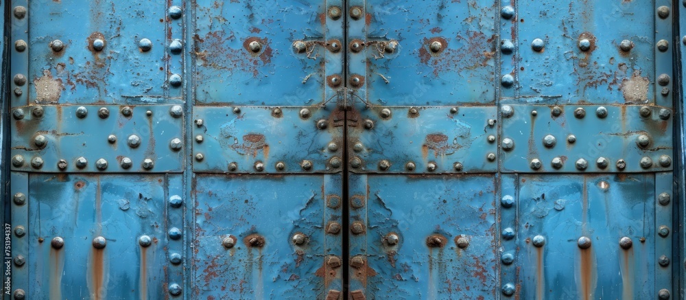 A detailed view of a blue sheet metal door with numerous rivets, showcasing the industrial design and sturdy construction of the gate.
