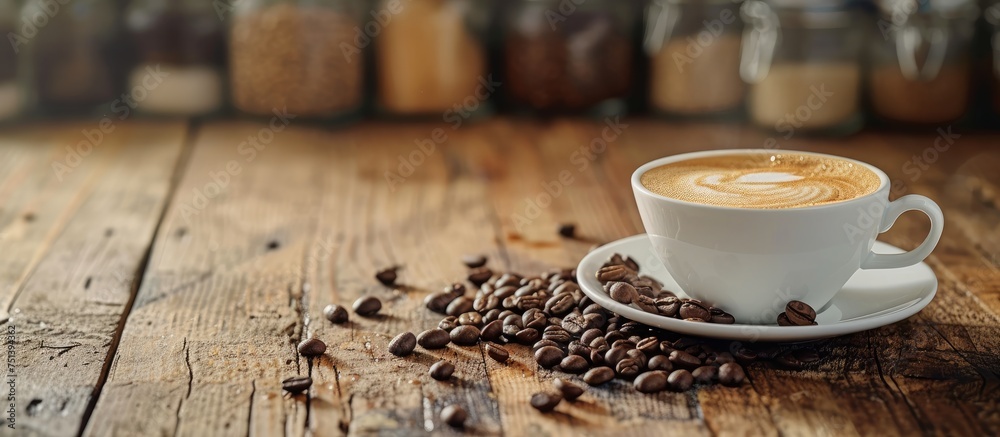 A cup of coffee is placed on top of a vintage wooden table, next to scattered coffee beans. The warm beverage is ready to be enjoyed. A cup of coffee is placed on top of a vintage wooden table, next to scattered coffee beans. The warm beverage is ready to be enjoyed.