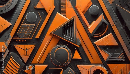 futuristic future cyberpunk background with 3d graphic geometric wall depicting a spacer the design includes robotic elements dark orange and black colors photo