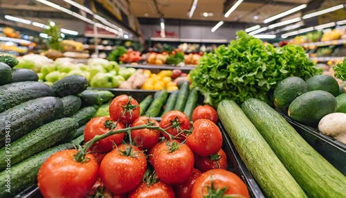 fresh organic vegetables and fruits on shelf in supermarket farmers market healthy food concept vitamins and minerals tomatoes capsicum cucumbers mushrooms zucchini