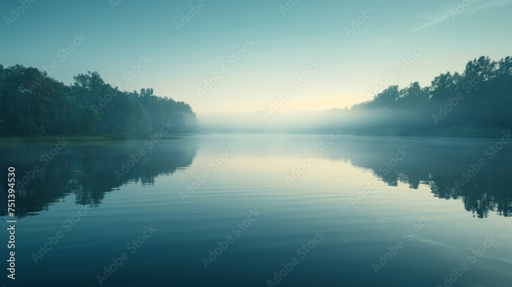 Tranquil misty morning over a serene lake, with soft sunlight breaking through the haze, reflecting over a smooth water surface surrounded by forested banks.