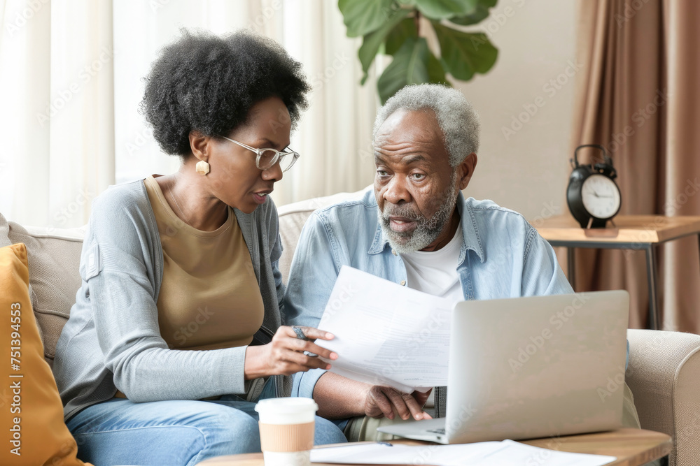 Senior couple checking and calculate financial billing together on sofa. Mature couple discussing their monthly expenses at home. Elderly couple keeping an eye on their finances. Senior couple checking and calculate financial billing together on sofa. Mature couple discussing their monthly expenses at home. Elderly couple keeping an eye on their finances.