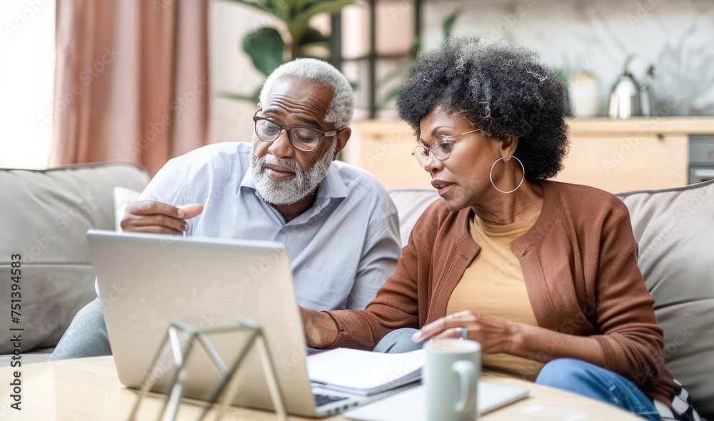 Obraz premium Senior couple checking and calculate financial billing together on sofa. Mature couple discussing their monthly expenses at home. Elderly couple keeping an eye on their finances. 