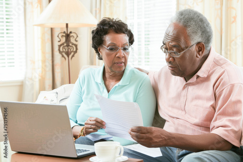 Senior couple checking and calculate financial billing together on sofa. Mature couple discussing their monthly expenses at home. Elderly couple keeping an eye on their finances. 