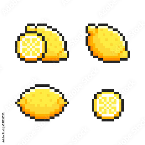 Pixel set of lemons isolated on white background. Pixelated sticker collection in 8-bit old style. Slot machine or video game items. Fruit icons. Citrus vector illustration.