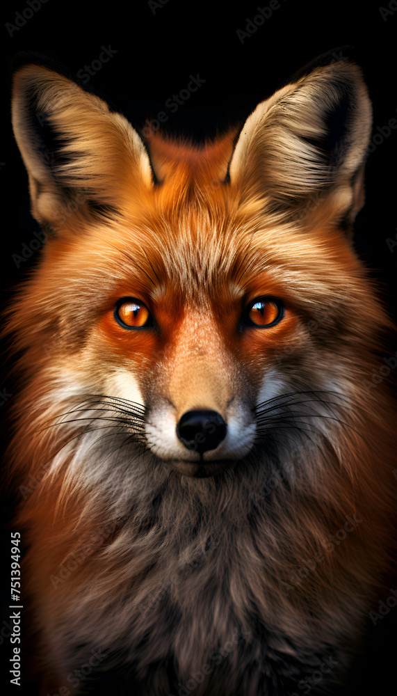 Red fox on a black background. Portrait of a wild animal. Red fox on a black background. Portrait of a wild animal.