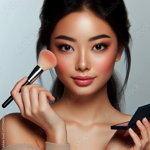make up artist. Beautiful girl doing makeup portrait shooting on camera model face. 