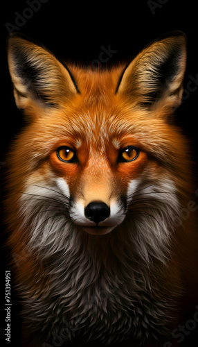 Portrait of a red fox with orange eyes on a black background
