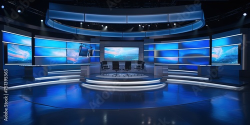 News, documentary, reporting program TV studio set. Tv or Cable new network live studio setup with large scale monitors.