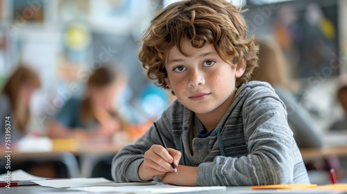 Young boy with curly hair looks thoughtful while holding a pencil in a busy classroom setting. © Old Man Stocker