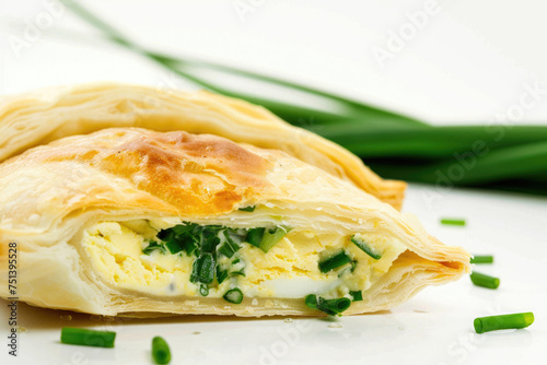 A pastry filled with a mixture of fresh green onions and eggs on a clean white background