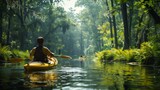 Kayaking Adventure. A tranquil kayaking adventure down a serene river surrounded by lush greenery, evoking a sense of exploration and peace.