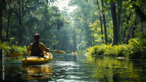 Kayaking Adventure. A tranquil kayaking adventure down a serene river surrounded by lush greenery, evoking a sense of exploration and peace.