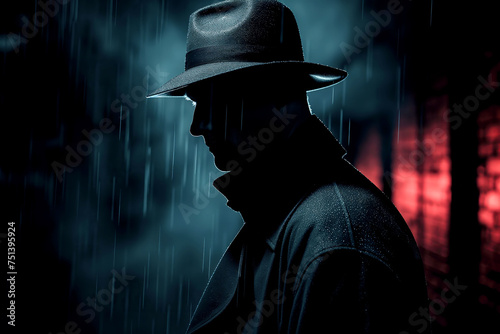 dangerous man murderer rapist in a hat and coat at night on street in dark. Silhouette in the rain