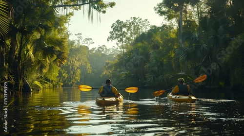 Kayaking Adventure. A tranquil kayaking adventure down a serene river surrounded by lush greenery, evoking a sense of exploration and peace. © Old Man Stocker