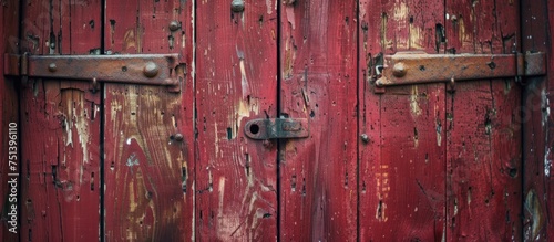 A detailed view of a burgundy red door featuring intricate metal latches for secure closure. The door exudes elegance and craftsmanship, adding a touch of character to its surroundings.
