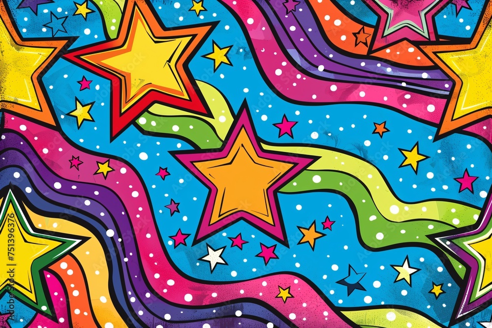 a colorful background with stars and waves