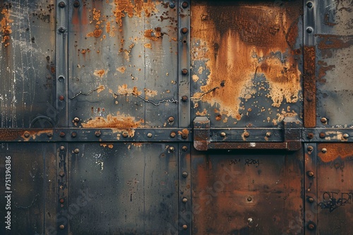 a rusty metal door with rivets
