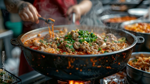 Street Food. Cook stirring spicy beef stir-fry with vegetables in a large wok over an open flame.