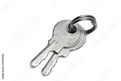 Srebrne klucze izolowane leżą na białym tle, kupować mieszkanie