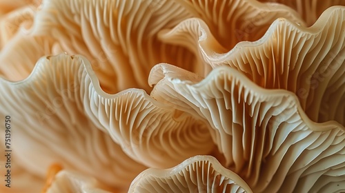 Macro shot. Soft focus on the intricate underside of oyster mushrooms with a gentle color gradient.