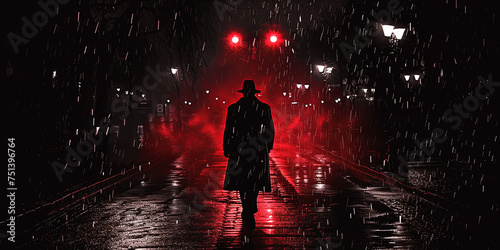 silhouette of back of a dangerous male murderer rapist in a hat and coat at night on the street in the dark in the rain