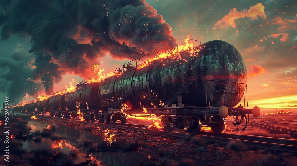  Modern train carrying petroleum products is on fire. Somewhere in deserted land. Environmental catastrophe: Train fire pollutes deserted landscape. - obrazy, fototapety, plakaty 