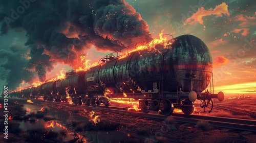 Modern train carrying petroleum products is on fire. Somewhere in deserted land. Environmental catastrophe: Train fire pollutes deserted landscape. photo