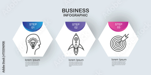 Three steps infographic in hexagonal shape design