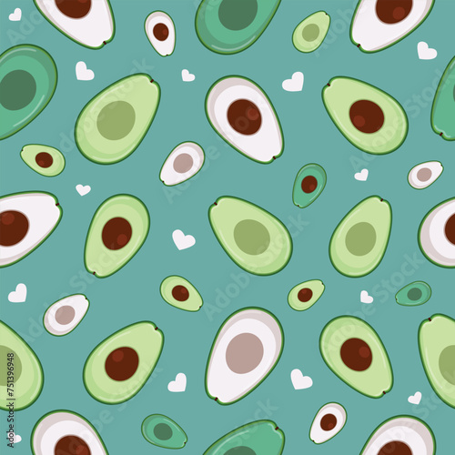 Cute Avocado Seamless Pattern Background with hearts shapes on green background.Vector illustration. Hand drawn repeat print, scarf, packaging design.