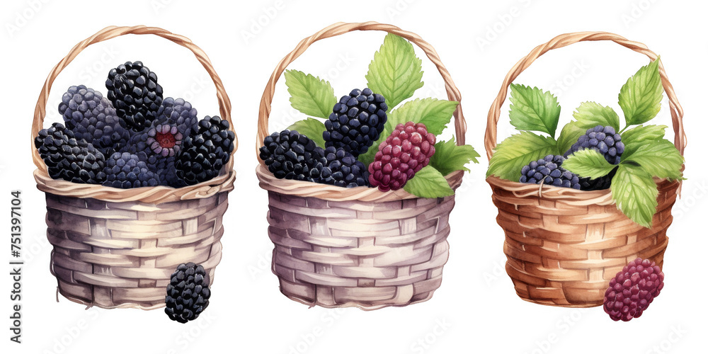 Naklejka premium watercolor art of blackberry in wooden basket isolated on a white background as transparent PNG